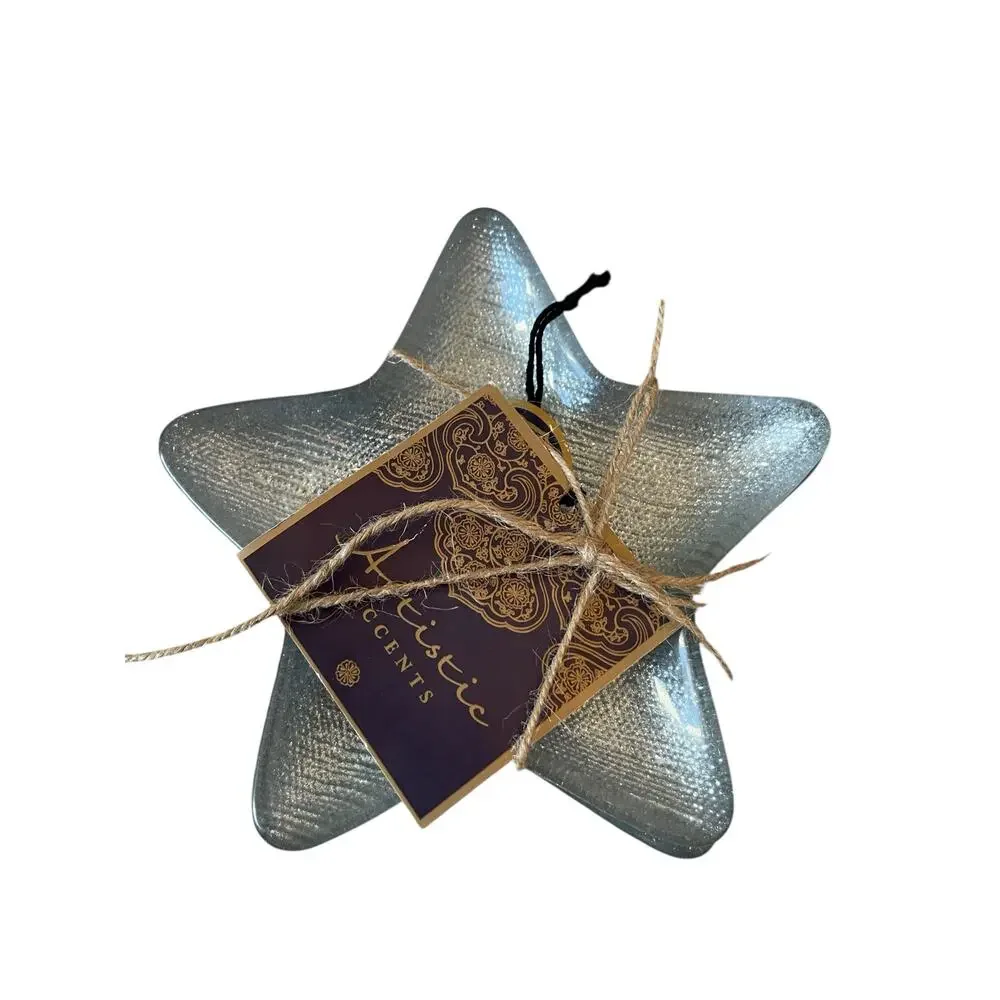 Set of 3 Handmade Turkish Art Glass STAR Appetizer Plates Silver Glitter NEW